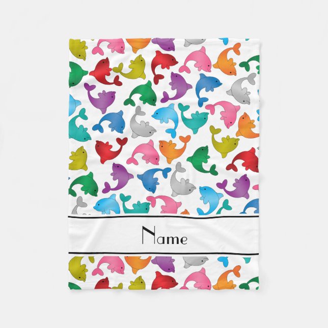 Personalized name white rainbow dolphins fleece blanket (Front)