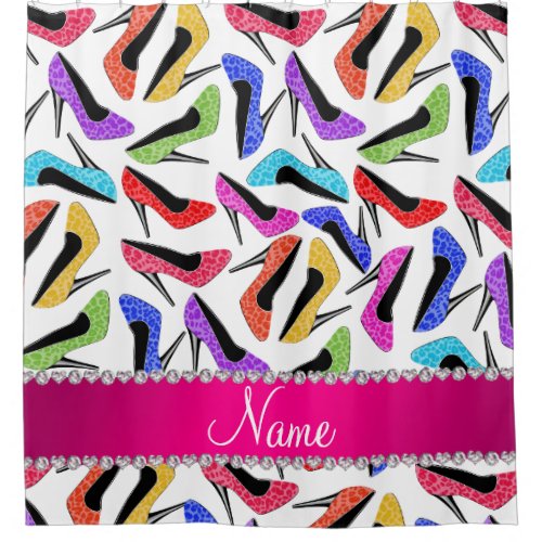 Personalized name white rainbow leopard high heels shower curtain