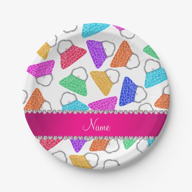 Personalized name white rainbow leopard purses paper plates (Front)