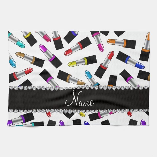 Personalized name white rainbow lipstick towel (Horizontal)