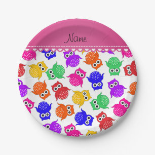 Personalized name white rainbow owls paper plates