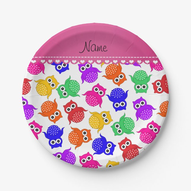 Personalized name white rainbow owls paper plates (Front)