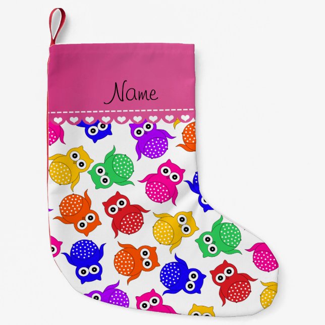 Personalized name white rainbow owls small christmas stocking (Front)