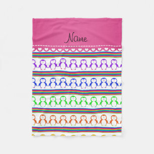 Personalized name white rainbow stripes penguins fleece blanket