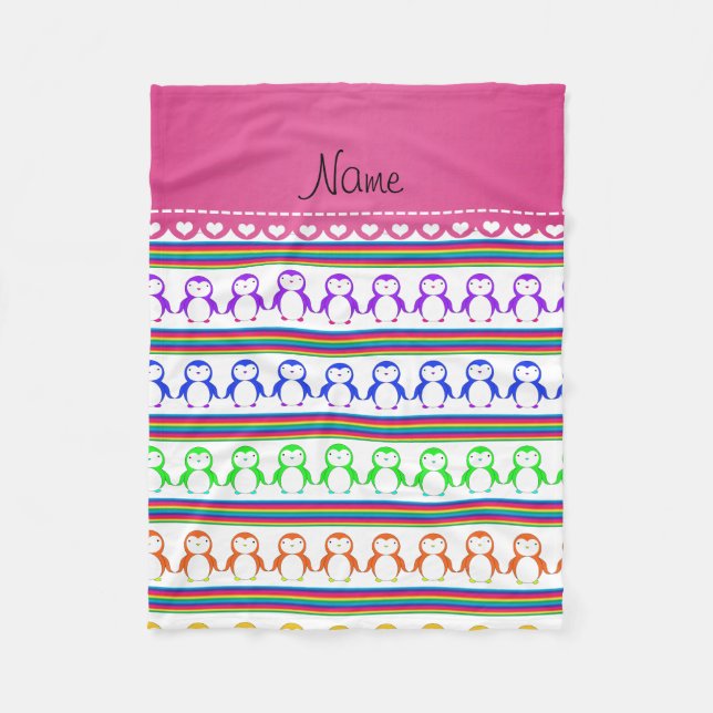 Personalized name white rainbow stripes penguins fleece blanket (Front)