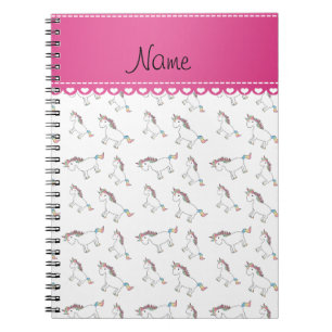 Personalized name white rainbow unicorns notebook