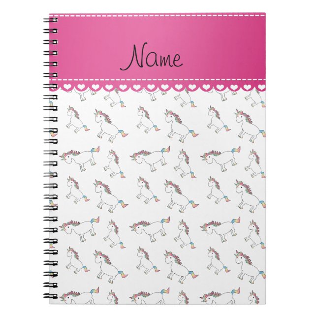 Personalized name white rainbow unicorns notebook (Front)