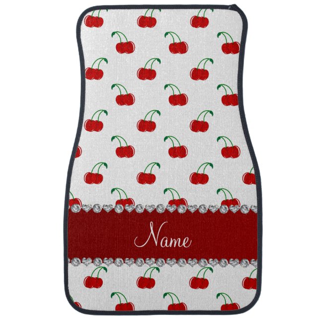Personalized name white red cherries red stripe car floor mat (Front)