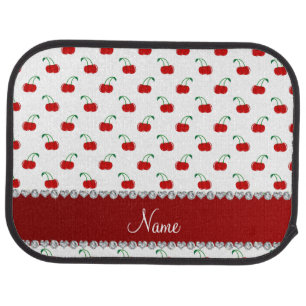 Personalized name white red cherries red stripe car mat