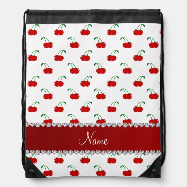 Personalized name white red cherries red stripe drawstring bag (Front)