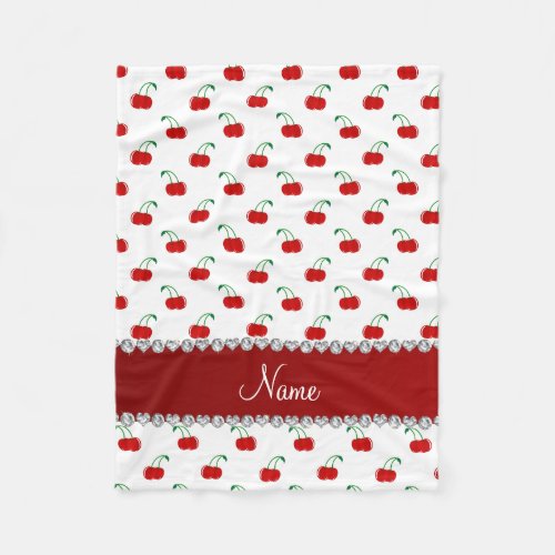 Personalized name white red cherries red stripe fleece blanket