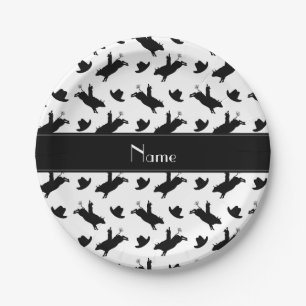 Personalized name white rodeo bull riding pattern paper plates