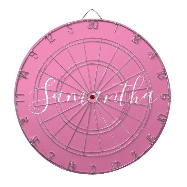 Personalized Name White Script On Pink  Dart Board (Front)