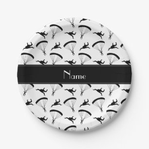 Personalized name white skydiving pattern paper plates