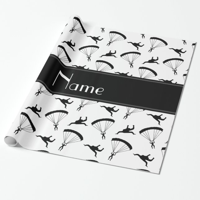 Personalized name white skydiving pattern wrapping paper (Unrolled)