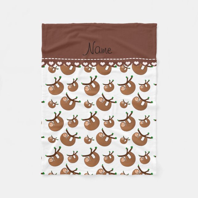 Personalized name white sloth pattern fleece blanket (Front)