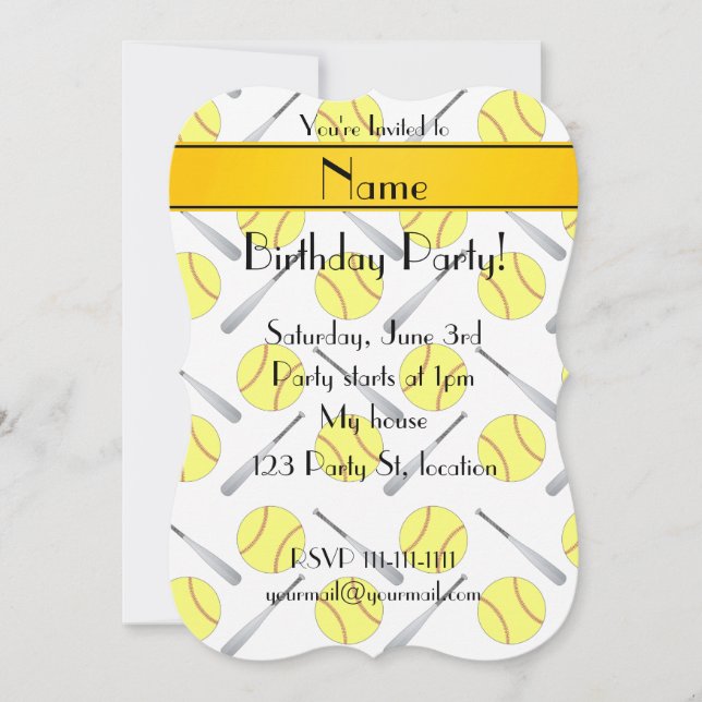 Personalized name white softball pattern invitation (Front)