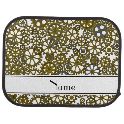 Personalized name white steampunk cogs car mat