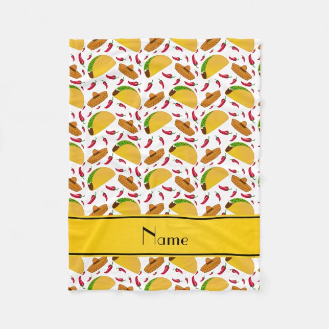 Personalized name white tacos sombreros chilis fleece blanket (Front)