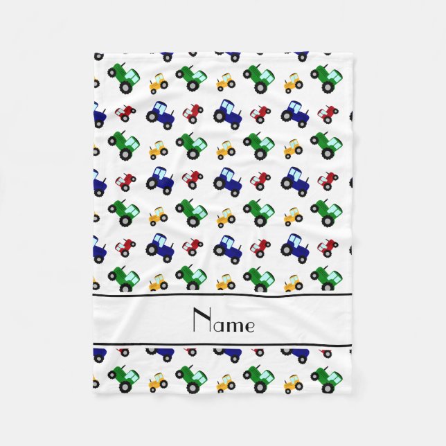 Personalized name white tractors fleece blanket (Front)