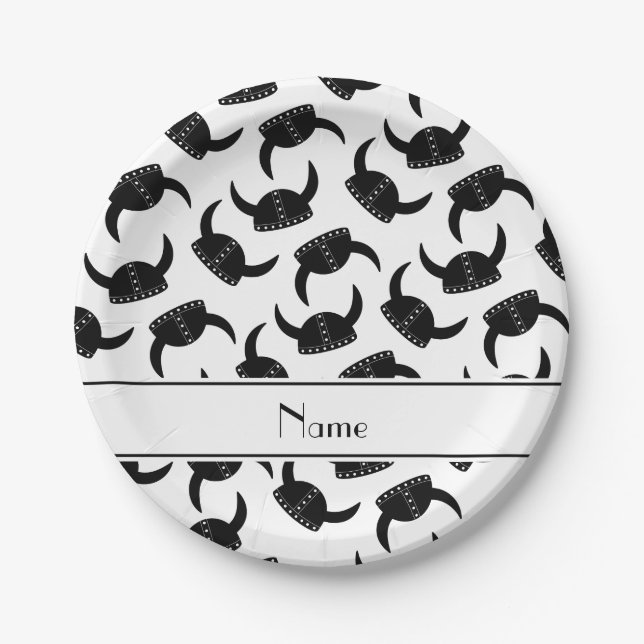 Personalized name white viking hat pattern paper plates (Front)