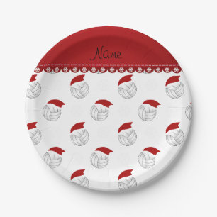 Personalized name white volleyballs santa hats paper plates