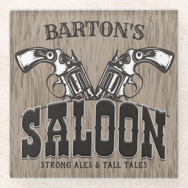 Personalized NAME Wild West Gun Revolver Saloon Glass Coaster (Front)