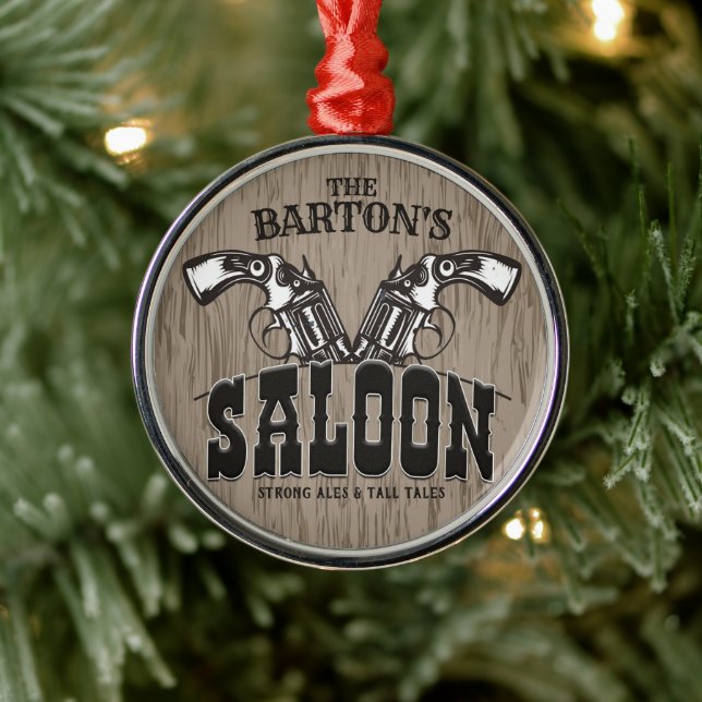 Personalized NAME Wild West Gun Revolver Saloon Metal Ornament (Tree)