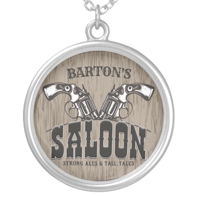 Personalized NAME Wild West Gun Revolver Saloon Silver Plated Necklace (Front)
