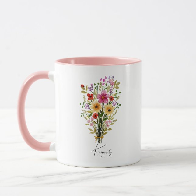 Personalized Name Wildflower Floral Pink Mug (Left)