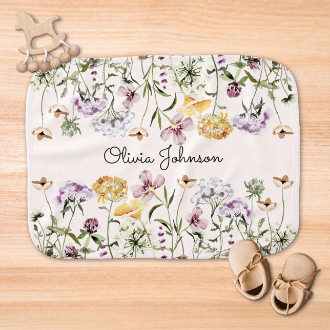 Personalized Name Wildflower Garden Baby Burp Cloth (Close up)