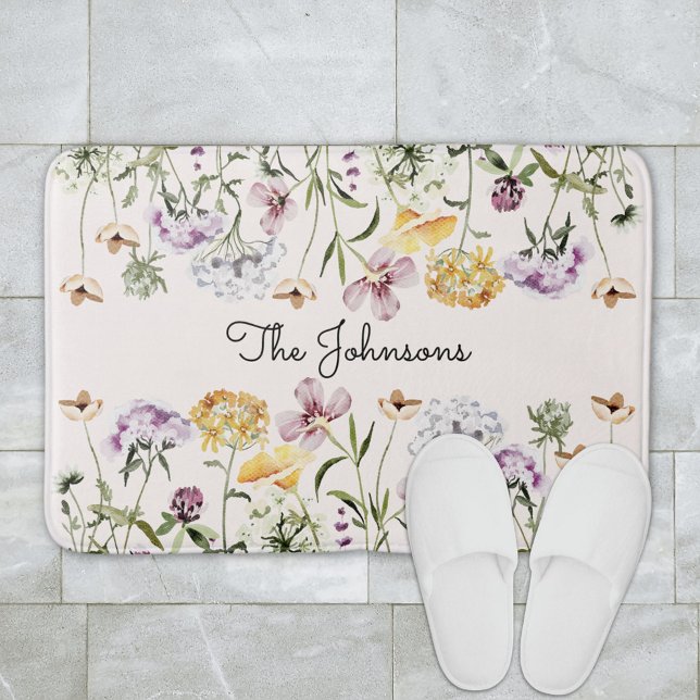 Personalized Name Wildflower Garden Bath Mat (In situ bathroom floor)