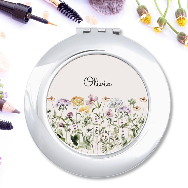 Personalized Name Wildflower Garden Compact Mirror (In situ)