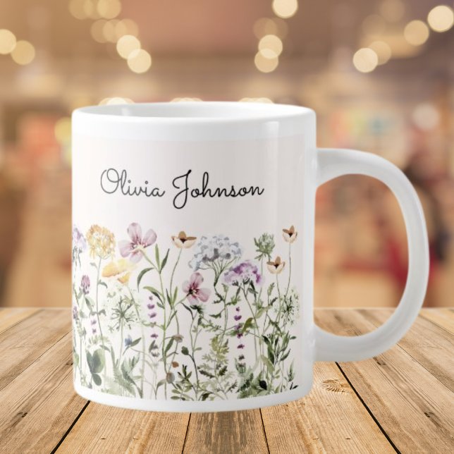 Personalized Name Wildflower Garden Giant Coffee Mug (Close up, On the table)