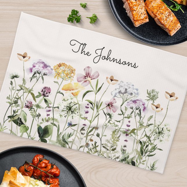 Personalized Name Wildflower Garden Kitchen Towel (In situ Kitchen Table)