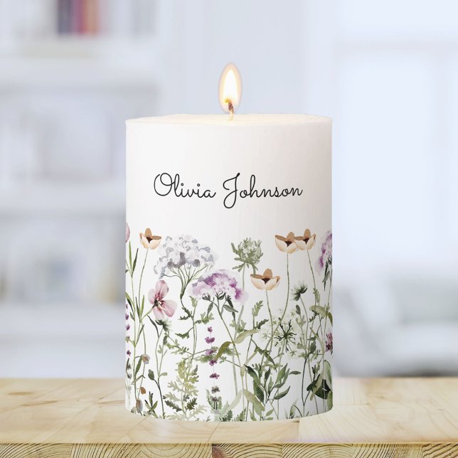 Personalized Name Wildflower Garden Pillar Candle (In situ)