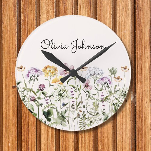 Personalized Name Wildflower Garden Round Clock