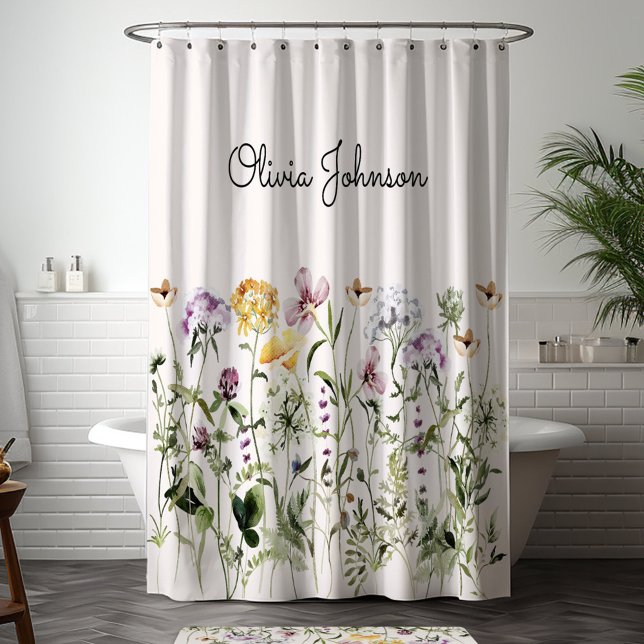 Personalized Name Wildflower Garden Shower Curtain (In situ bathroom)