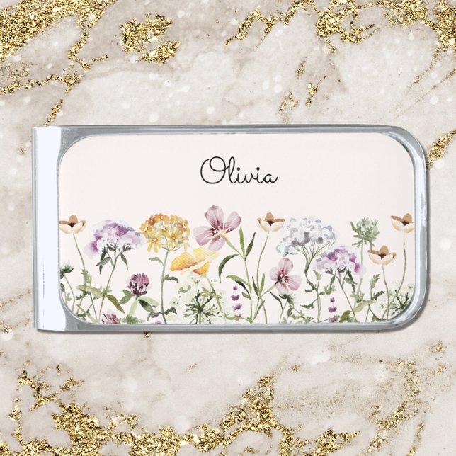 Personalized Name Wildflower Garden Silver Finish Money Clip (Close up)