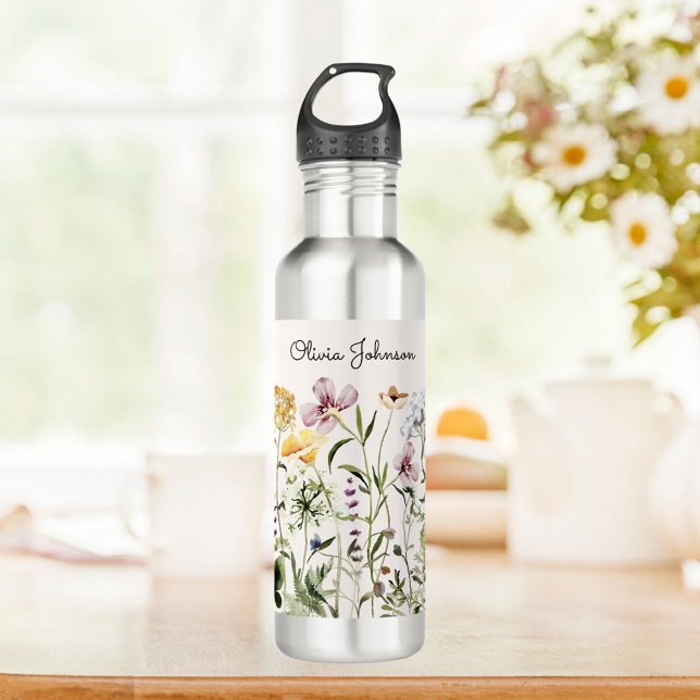 Personalized Name Wildflower Garden Stainless Steel Water Bottle (In situ)