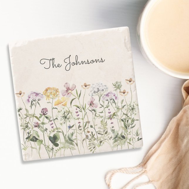 Personalized Name Wildflower Garden Stone Coaster (In situ)