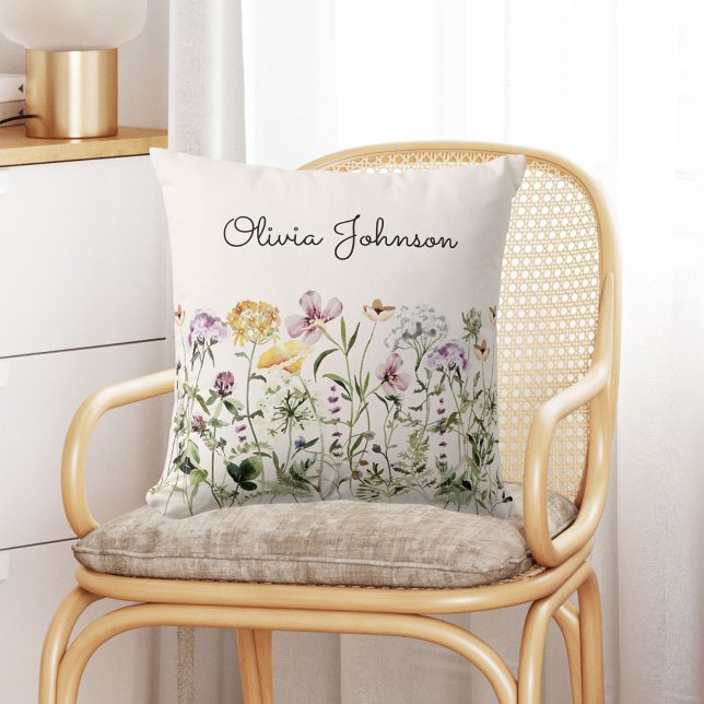 Personalized Name Wildflower Garden Throw Pillow (In situ)