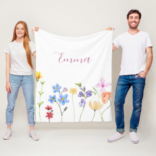 Personalized Name Wildflower Minimalistic Boho Fleece Blanket
