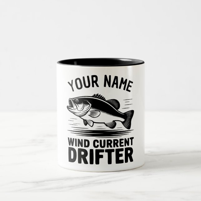 Personalized Name Wind Current Drifter Bass Fish Two-Tone Coffee Mug (Center)