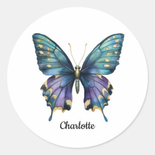 Personalized Name with Blue Butterfly Classic Roun Round Sticker