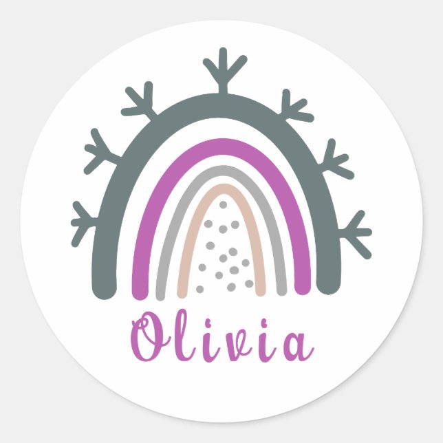 Personalized Name with Cute Boho Rainbow Classic Round Sticker (Front)