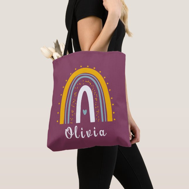 Personalized Name with Minimalist Boho Rainbow Tote Bag (Close Up)