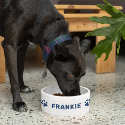 Personalized Name with Navy Blue Paw Prints Bowl