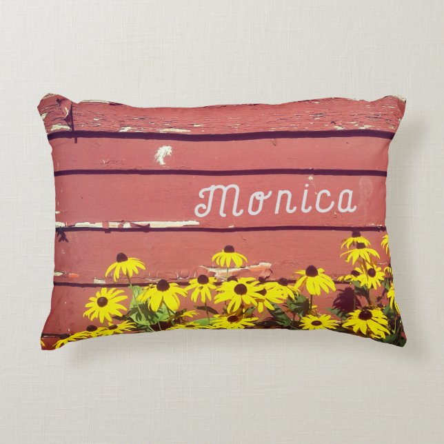 Personalized Name with Rustic Wood & Flowers Accent Pillow (Front)