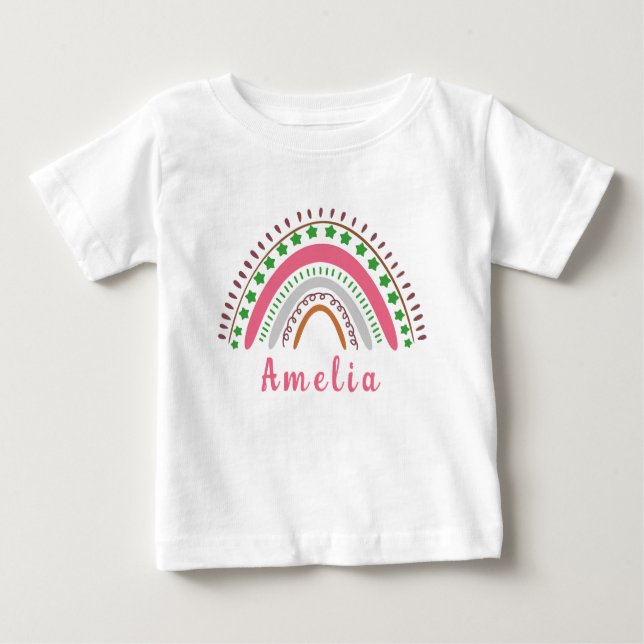 Personalized Name with Whimsical Boho Rainbow  Baby T-Shirt (Front)